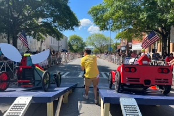 Scott Berta prepares to kick off the Soapbox Derby.